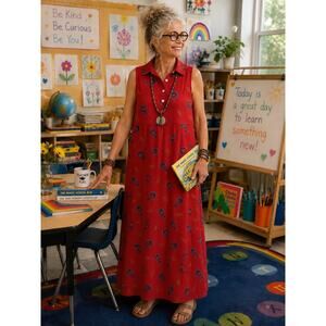 Vintage Zip Code Red Fish Print Maxi Dress Artsy Teacher Coastal Large